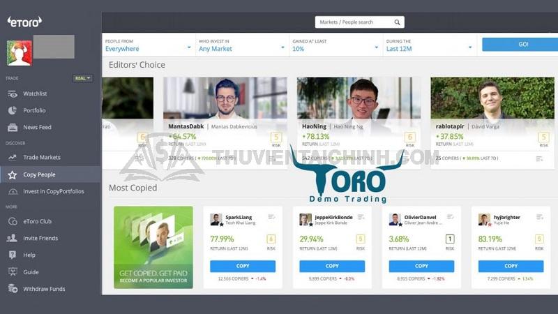 Chức năng sao chép giao dịch trên eToro hiển thị profile toàn diện của những nhà đầu tư chuyên nghiệp