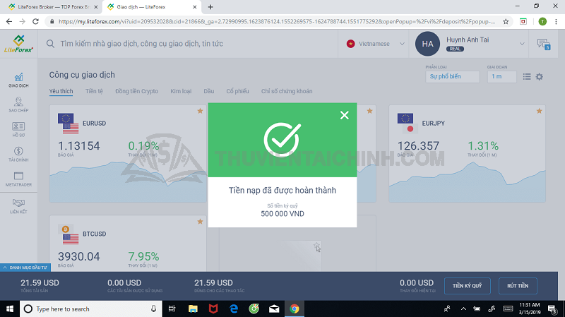 Hướng dẫn nạp rút tiền sàn Lite Finance bằng internet banking