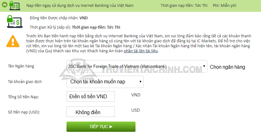 Nạp tiền sàn IC Markets qua Internet Banking