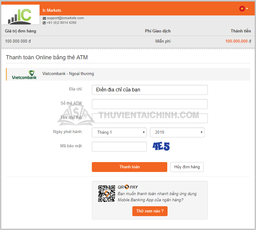 Hoàn tất yêu cầu nạp tiền sàn IC Markets qua cổng Internet Banking