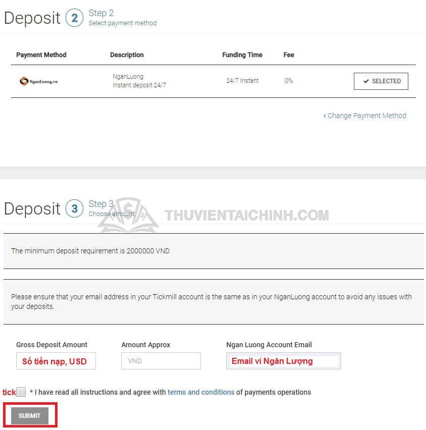 Hoàn tất thủ tục nạp tiền sàn Tickmill