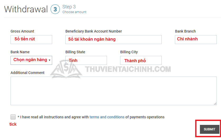 Hoàn tất nhập các thông tin yêu cầu cuối cùng để thực hiện rút tiền sàn Tickmill