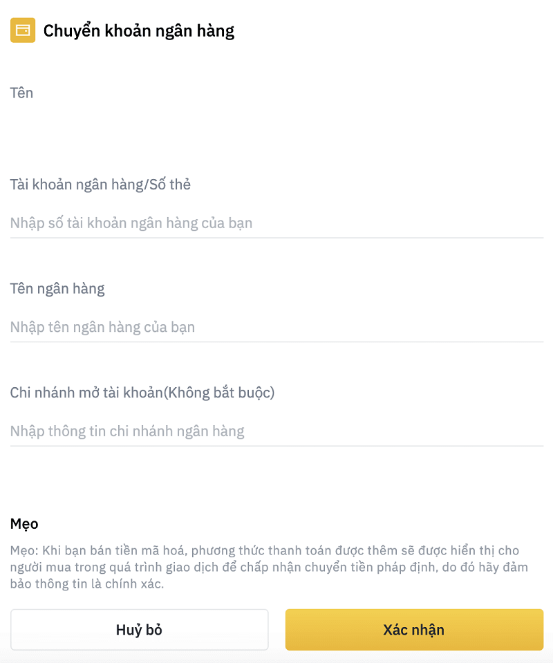 Cách thêm tài khoản ngân hàng để mua coin P2P trên Binance