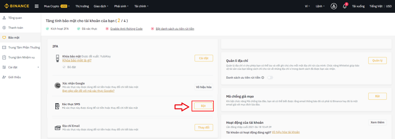 Hướng dẫn bật xác minh SMS trên Binance