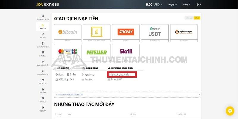 Hướng dẫn nạp rút tiền sàn Exness bằng internet banking