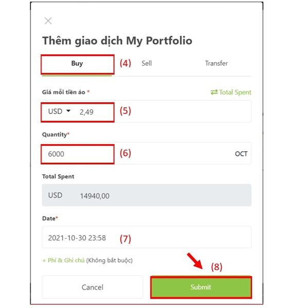 Add giao dịch tại My Portfolio trên Coingecko