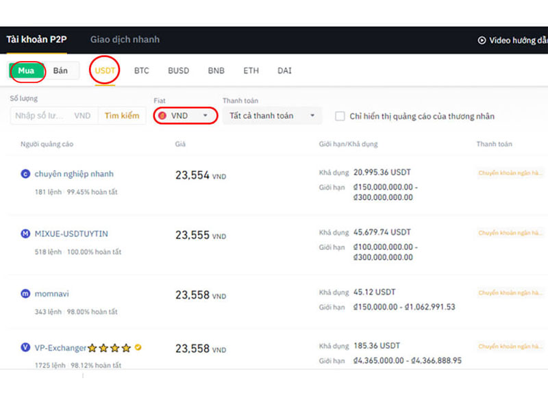 Bước 1: Tiến hành mua USDT