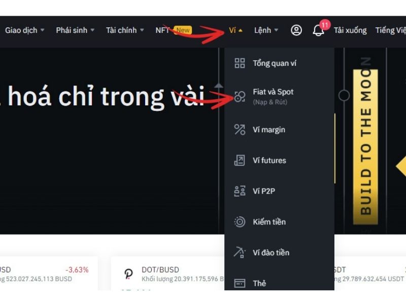 bạn bấm chọn “Ví” rồi tiếp tục nhấn chọn “Fiat và Spot”