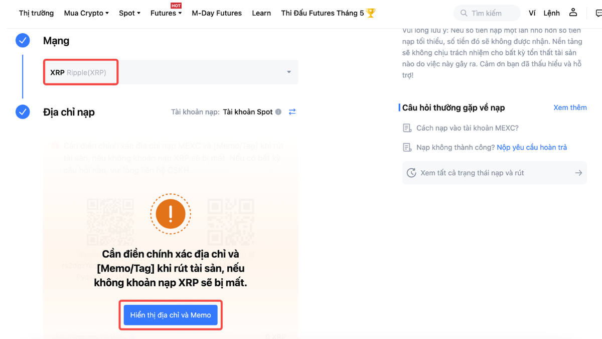 Hướng dẫn điền mã Memo/Tag khi nạp tiền
