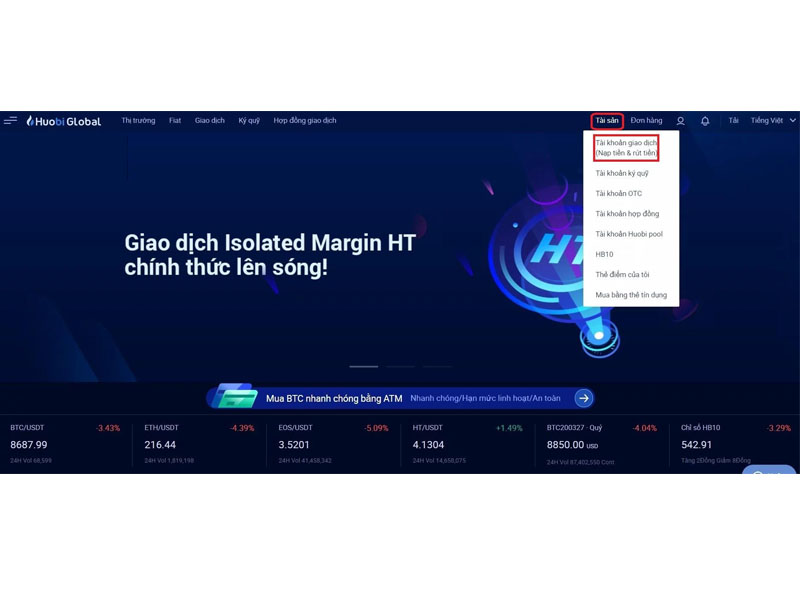 Nạp coin lên sàn giao dịch Huobi