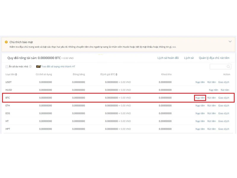 Nạp coin lên sàn giao dịch Huobi