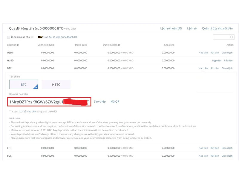 Nạp coin lên sàn giao dịch Huobi