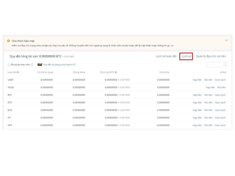 Nạp coin lên sàn giao dịch Huobi
