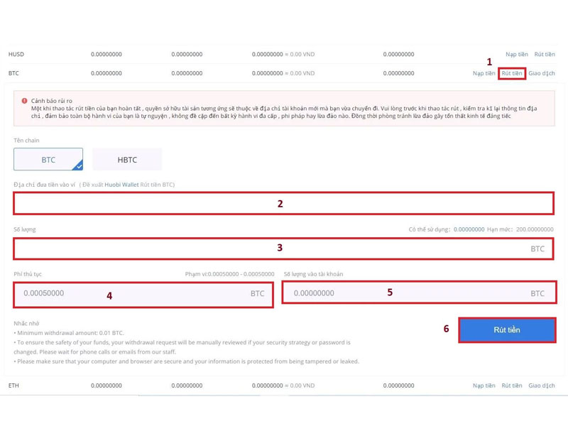 Rút coin trên sàn giao dịch Huobi