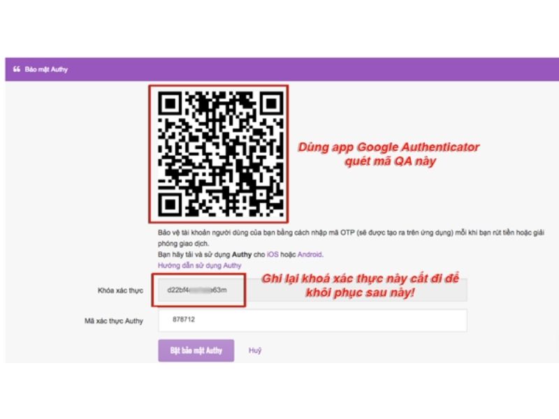 Remitano cung cấp một khóa xác thực và một mã QR