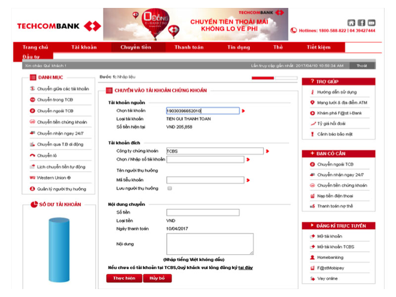 Cách 3: Nạp tiền sàn TCBS trực tuyến qua E-Banking