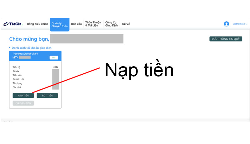 Click “nạp tiền”