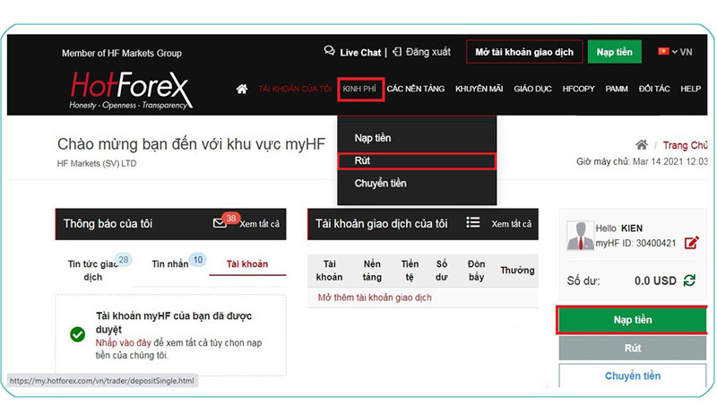 Chọn tiếp phần “rút tiền”