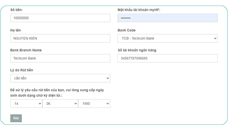 Điền thông tin rút tiền sàn HotForex