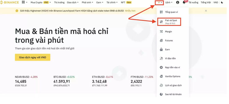 Nhấn chọn vào ví và “Fiat và Spot”.