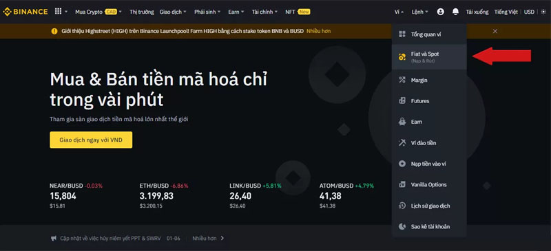 Tìm kiếm mục “ví” và lựa chọn “Fiat và Spot”.