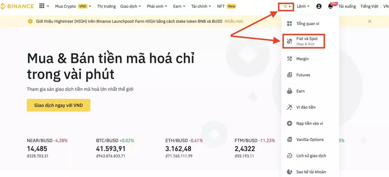 "Ví” sau đó chọn “Fiat và Spot”.