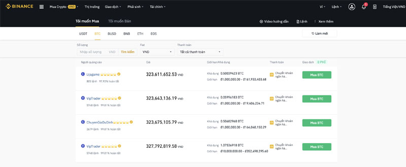 Các bước mua Bitcoin trên sàn Binance thông qua giao dịch Binance P2P