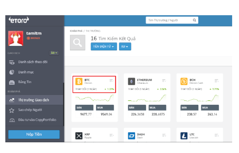 Thực hiện mua Bitcoin trên sàn eToro