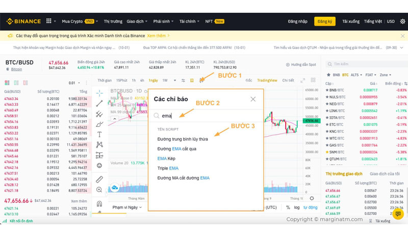 Cách cài đặt đường EMA trên Binance