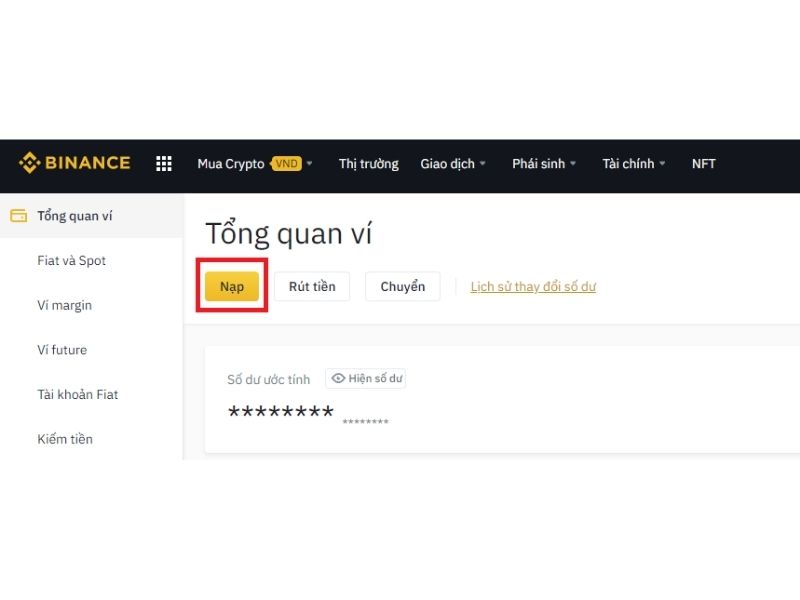 Bước 1: Vào trang tổng quan ví, bạn nhấn chọn “Nạp”