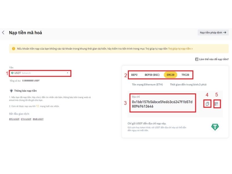 Bước 4: Chọn đúng mạng lưới nạp tiền rồi lấy địa chỉ ví Binance