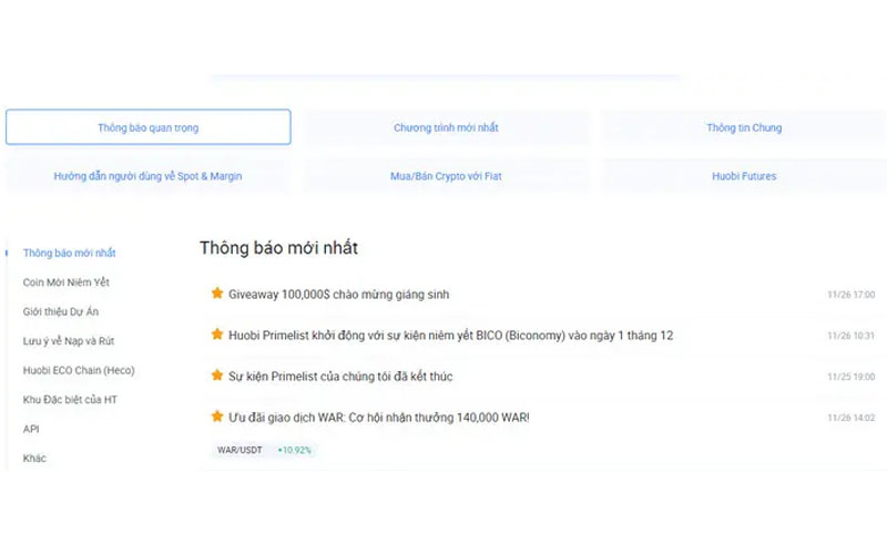 Trang tính năng Huobi Primelist
