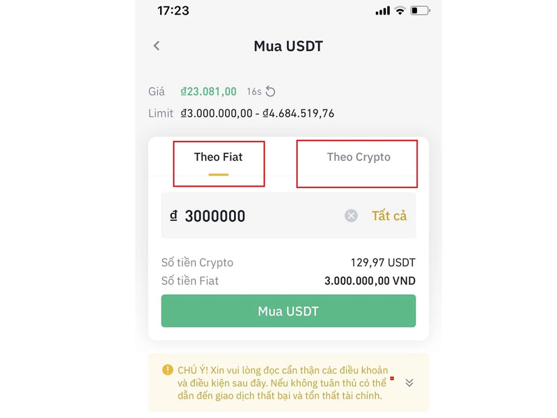 Để kết thúc bước 3 thì bạn hãy chọn vào mục MUA USDT.