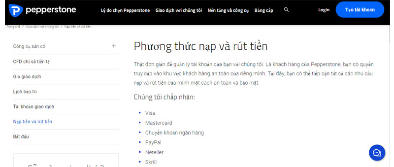 Các hình thức nạp và rút tiền trên sàn Pepperstone