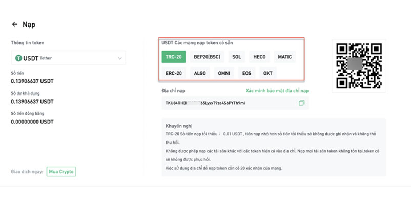 Chọn “Coin/Token” mà bạn muốn nạp tiền