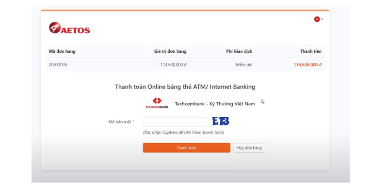 Nhập vào mã bảo mật => thanh toán