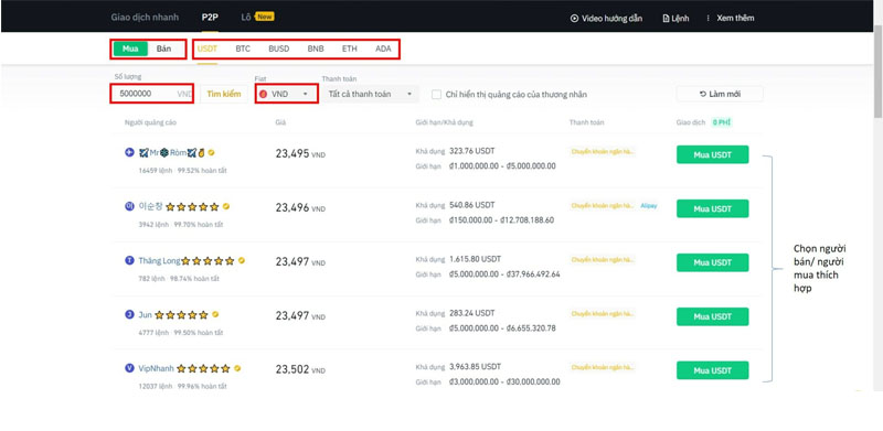 Bước 3: Tiến hành giao dịch mua bán USDT bằng OTC trên sàn Binance