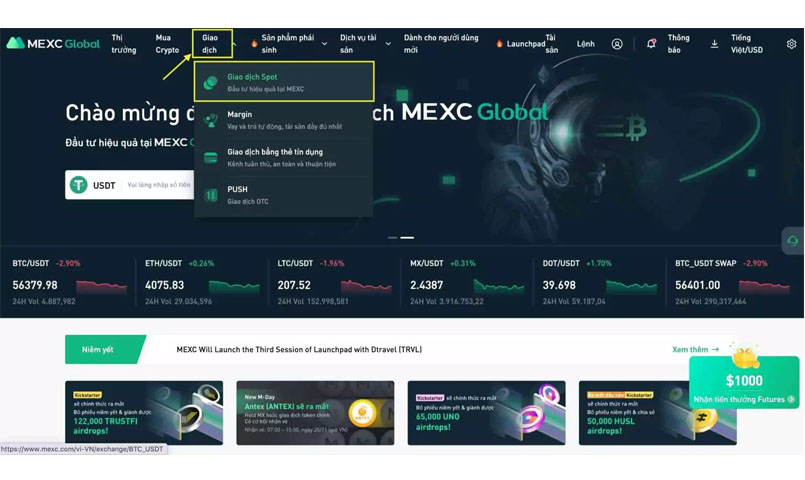 Giao diện của sàn MEXC khi mua bán coin hoặc token