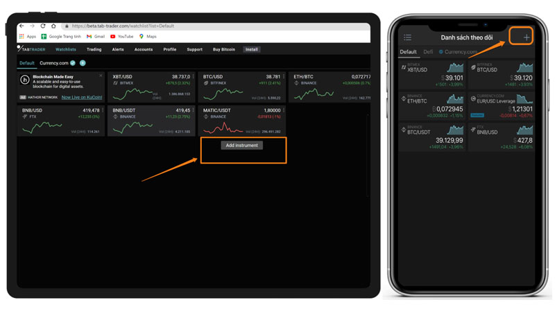 Hướng dẫn cách thêm cặp giao dịch theo dõi trên TabTrader